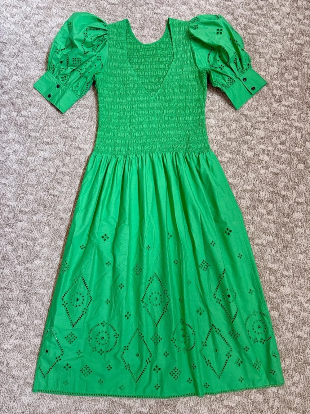 Ganni Women’s Kelly Green Broderie Anglaise Cotton Midi Dress—10/12